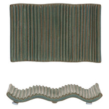 Load image into Gallery viewer, An overhead and side view of a dark green stoneware soap dish with small spaced vertical ridges on a white background.