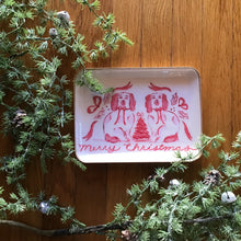 Load image into Gallery viewer, Enameled Metal Tray with Holiday Saying, Image &amp; Gold Edge, 2 Styles