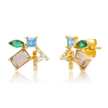 Load image into Gallery viewer, Pair of gold-plated mixed-shape cluster stud earrings with multicolored crystals and post backings, displayed from a front and side view on a white background. 