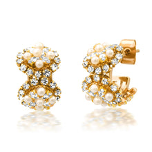 Load image into Gallery viewer, Gold-plated huggie earrings with clustered pearl accents and sparkling clear crystal detailing, displayed on a white background.