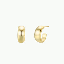 Load image into Gallery viewer, Gold Wide Hoop Earrings, 18K gold-plated, smooth C-shaped hoops with slightly inflated centers and tapered ends, shown from the front and side with a stainless steel straight bar post visible against a white background. 