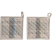 Load image into Gallery viewer, Two square potholders. One with a big, gray,  vertical stripe and blue stripes, the other one with a gray vertical stripe and yellow stripes . Both with loops for hanging. On a white background. 