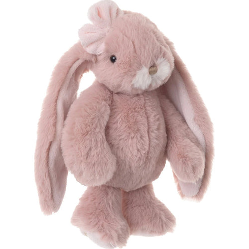 Pink plush bunny toy with a pink flower on a white background