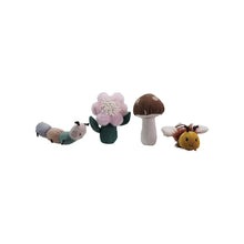 Load image into Gallery viewer, Set of soft toy figures including a caterpillar, flower, mushroom, and bee on a white background