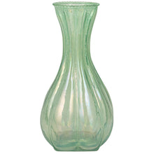 Load image into Gallery viewer, Green glass vase with ribbed texture on a white background.