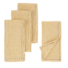 Load image into Gallery viewer, Four yellow linen pinstripe napkins with black stitched edges on a white background.