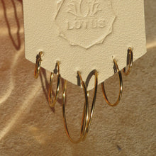 Load image into Gallery viewer, Gold-tone hoop earring set in multiple sizes displayed on a cream LOTUS card displayed against a textured tan surface. 