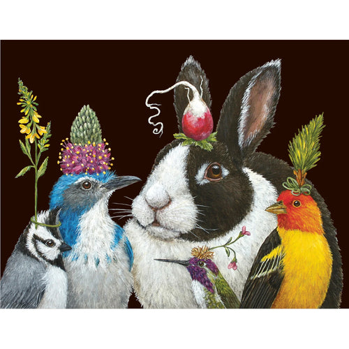 Notecard with a black and white rabbit and four multicolored birds on a black background. All wear a nature adornment as a crown on their head. 