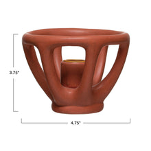 Load image into Gallery viewer, Stoneware Taper Holder, matte terracotta-colored stoneware taper candle holder with open sculptural design, center candle opening, and measurement graphic against white background. 