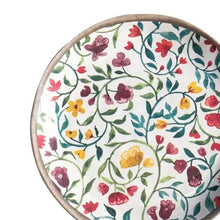 Load image into Gallery viewer, Close-up of a melamine salad plate with a multicolor floral vine pattern and a tan rim on a white background.