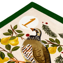 Load image into Gallery viewer, Close-up of the gold &quot;1&quot; illustration from the 12 Days of Christmas table runner featuring a brown and white partridge in a pear tree on a white background with a green border.  