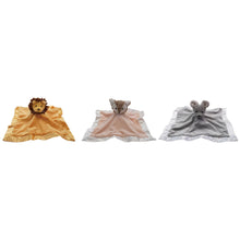 Load image into Gallery viewer, Three plushie blankets in gold with a lion design, pale peach with an arctic fox design, and silver with a mouse design.