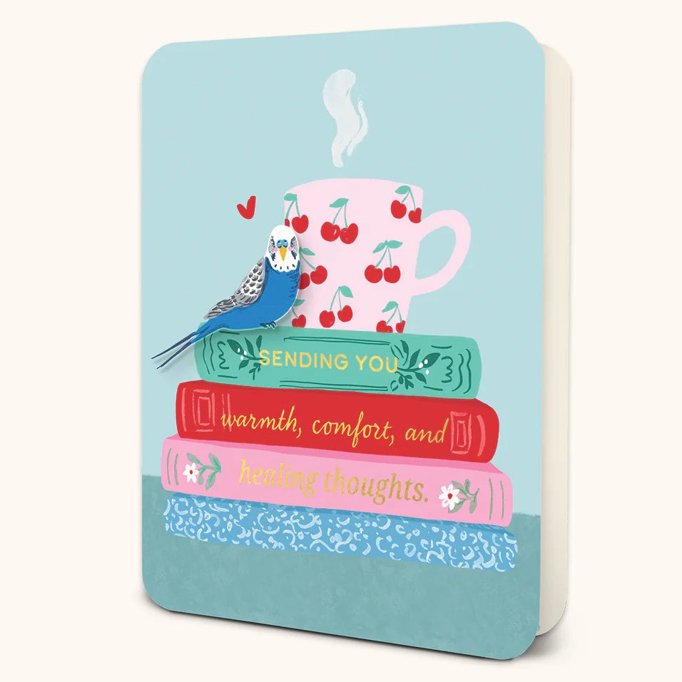 Blue greeting card featuring an illustration of a blue and white parakeet perched on a stack of three books- green, red, pink, and  blue with white swirls- with the message 