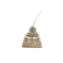 Load image into Gallery viewer, Wool beanie ornament with a green and white pom-pom, cream base, and scalloped knit pattern in soft green, pink, and cream. Ornament has a hanging loop and is displayed against a white background. 