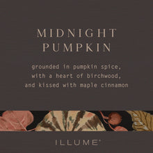 Load image into Gallery viewer, Midnight Pumpkin Glass Acorn Candle, product information graphic with cream lettering on a gray background reading “Midnight Pumpkin, grounded in pumpkin spice, with a heart of birchwood, and kissed with maple cinnamon,” above an autumn-patterned strip and the Illume logo.