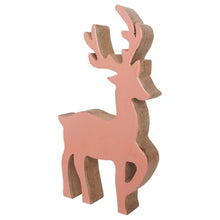 Load image into Gallery viewer, Pink Dancing Deer, angled view of a freestanding mango wood deer with a pink front, branching antlers, and one raised front leg, showing its thick natural wood sides against a white background.