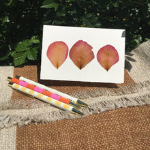 Load image into Gallery viewer, Greeting card with 3 pressed pink flower petals , 3 various colored ink pens on a brown and white blanket. Bushes in the background .