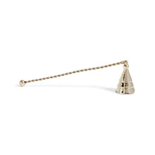 Load image into Gallery viewer, Wave tree candle snuffer in a gold finish featuring a wave-inspired pine tree design with a twisted handle, displayed on a white surface. 