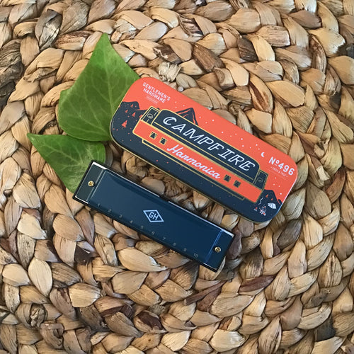 Blue harmonica next to a blue and gold tin case. Sits next to two leaves on a braided brown placemat. 