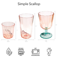 Load image into Gallery viewer, Size and care guide for the Simple Scallop glassware collection, showing three pink scalloped glasses with measurements and use icons on a white background. 