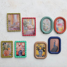 Load image into Gallery viewer, Set of eight colorful picture frames with various designs. Each frame has a different picture inside .  Hanging on a textured , white wall.