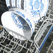 Load image into Gallery viewer, White melamine bowl and plates with a blue floral pattern on a dishwasher rack.