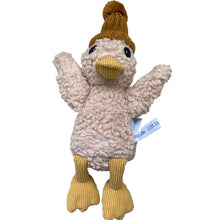 Load image into Gallery viewer, Merino wool and cotton cream-colored duck plushie, featuring a textured curly body, light brown corduroy beak and feet, and a tan knit hat, displayed against a white background.  