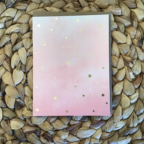 Birthday card with blush background and gold stars, 