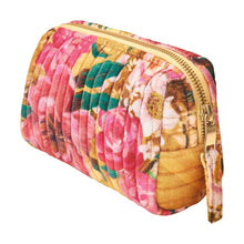 Load image into Gallery viewer, Pink and yellow floral patterned makeup bag with a gold zipper on a white background.
