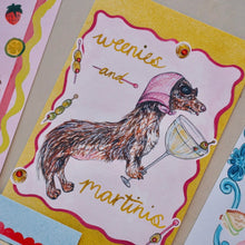 Load image into Gallery viewer, Art print featuring an illustrated dachshund wearing a pink headscarf and holding a martini glass, with "Weenies and Martinis" text. 