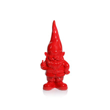 Load image into Gallery viewer, Medium sized glossy red gnome figurine with a tall pointed hat, beard, and belt detail, playfully holding up a middle finger, displayed against a white background. 