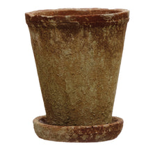 Load image into Gallery viewer, A brown distressed cement planter and saucer on a white background.