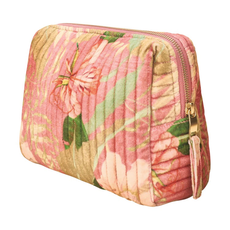 Pink and green floral quilted pouch on a white background
