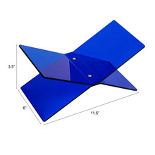 Load image into Gallery viewer, Blue Acrylic Book Holder, transparent blue acrylic book holder with interlocking X-shaped design with dimension graphic, on white background. 