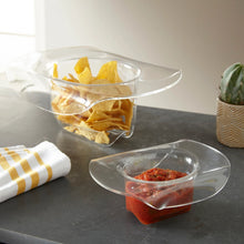 Load image into Gallery viewer, Clear cowboy hat-shaped bowls holding tortilla chips and red salsa on a dark gray countertop with a yellow striped cloth and a potted cactus. 