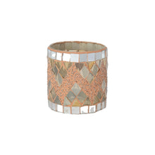 Load image into Gallery viewer, Glass mosaic votive candle holder featuring gray diamond tiles accented with tiny speckles against a pink background, bordered with mirrored glass squares, and displayed on a white background.