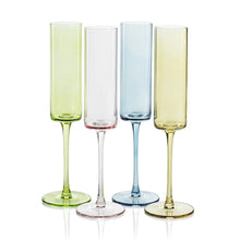 Load image into Gallery viewer, Four colorful champagne flutes in pale green, pale pink, pale blue , and pale yellow on a white background.