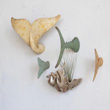 Load image into Gallery viewer, Decorative wall art consisting of : whale tail, fish tails, and a clam shell on a light background.