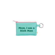 Load image into Gallery viewer, Mint green vegan leather pouch with a pink zipper and silver key ring, printed with the phrase &quot;Mom, I am a Rich Man&quot; in green retro lettering, displayed against a white background. 