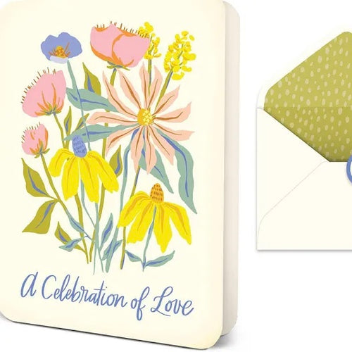 Cream-colored greeting card with colorful floral illustrations in pink, yellow, and blue and the text 