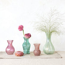 Load image into Gallery viewer, Set of glass vases in pink, green ,red, and clear with flowers on a white surface.