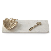 Load image into Gallery viewer, White Marble Cheese Tray, rectangular white marble serving tray with rounded corners and subtle gray veining, a gold-tone textured strawberry-shaped bowl, and a matching spreader with a leaf-shaped handle and twisted vine 
against a white background. 