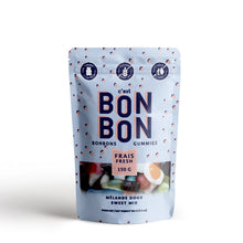 Load image into Gallery viewer, C'est Bon Bon Sweet Mix gummies pouch with light blue packaging and pink polka dots, assorted candies visible through window on a white background. 