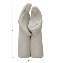 Load image into Gallery viewer, Mary and Joseph white ceramic figurines on a white background with measurement lines. 