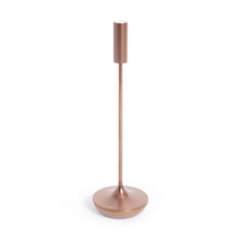 Load image into Gallery viewer, Slim rechargeable table light with a brushed copper finish, featuring a tall cylindrical shade, thin straight stem, and rounded weighted base, displayed against a plain background. 