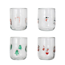 Load image into Gallery viewer, A glass tumbler with a red and white striped candy cane design. A glass tumbler with a white snowman with a black hat and red scarf design. A glass tumbler with a green Christmas tree with yellow, red, and white decorations design. A glass tumbler with a white Santa in a red outfit design.  Against a white background. 