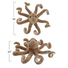 Load image into Gallery viewer, Two plush octopus toys with measurements  18&quot; x 6.5&quot; on a white background
