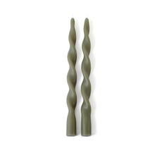 Load image into Gallery viewer, Set of two 12-inch dried sage colored twist candles against a white background. 
