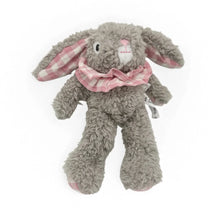 Load image into Gallery viewer, Silver gray plush bunny with floppy ears lined in pink and white gingham and a matching ruffled collar , displayed against a white background.