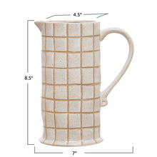 Load image into Gallery viewer, Beige ceramic pitcher with grid pattern and measurements 8.5&quot; x 7&#39;x 4.5&quot; on a white background.